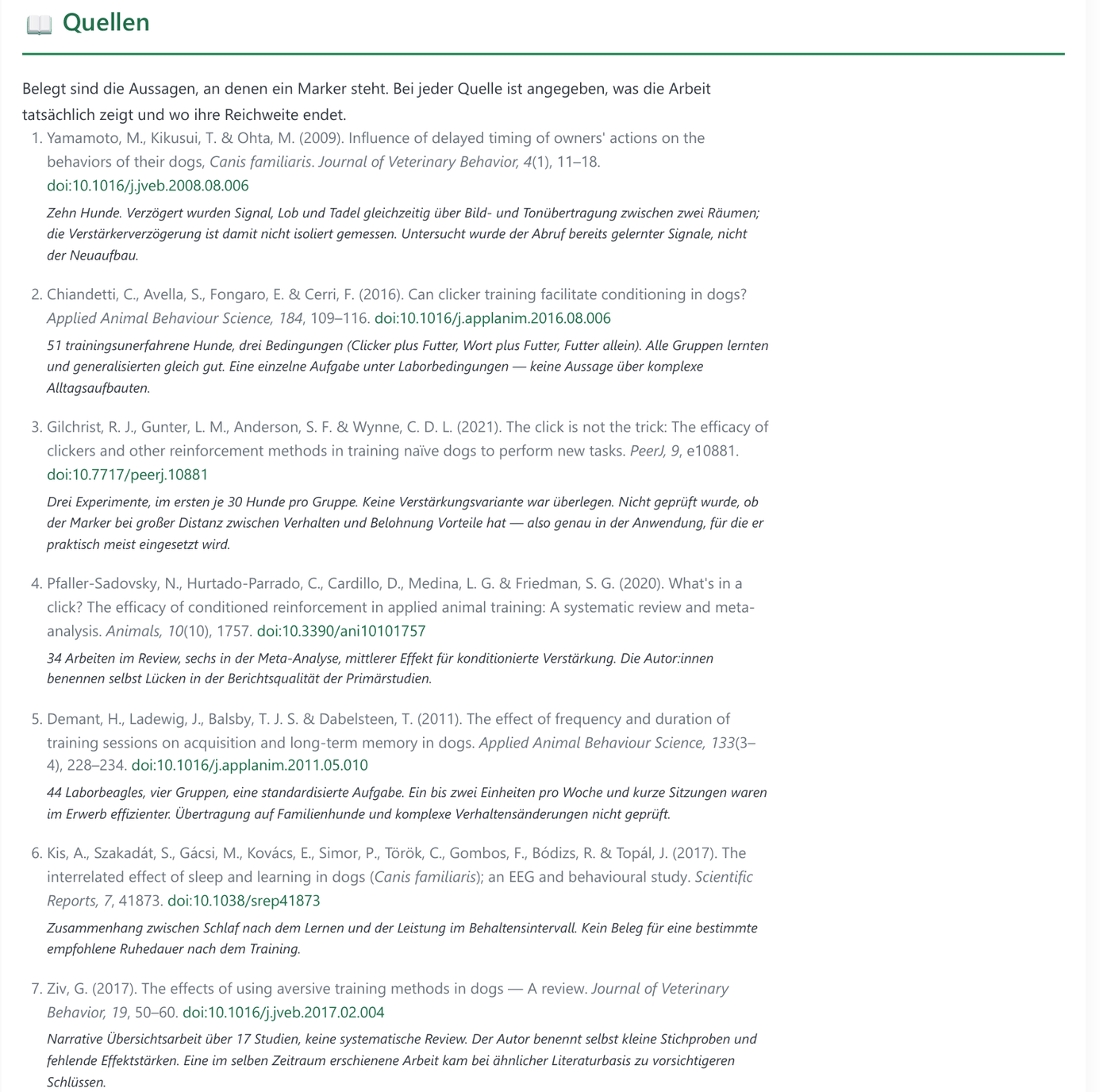Quellenverzeichnis eines Artikels mit Einordnung zu jeder Studie