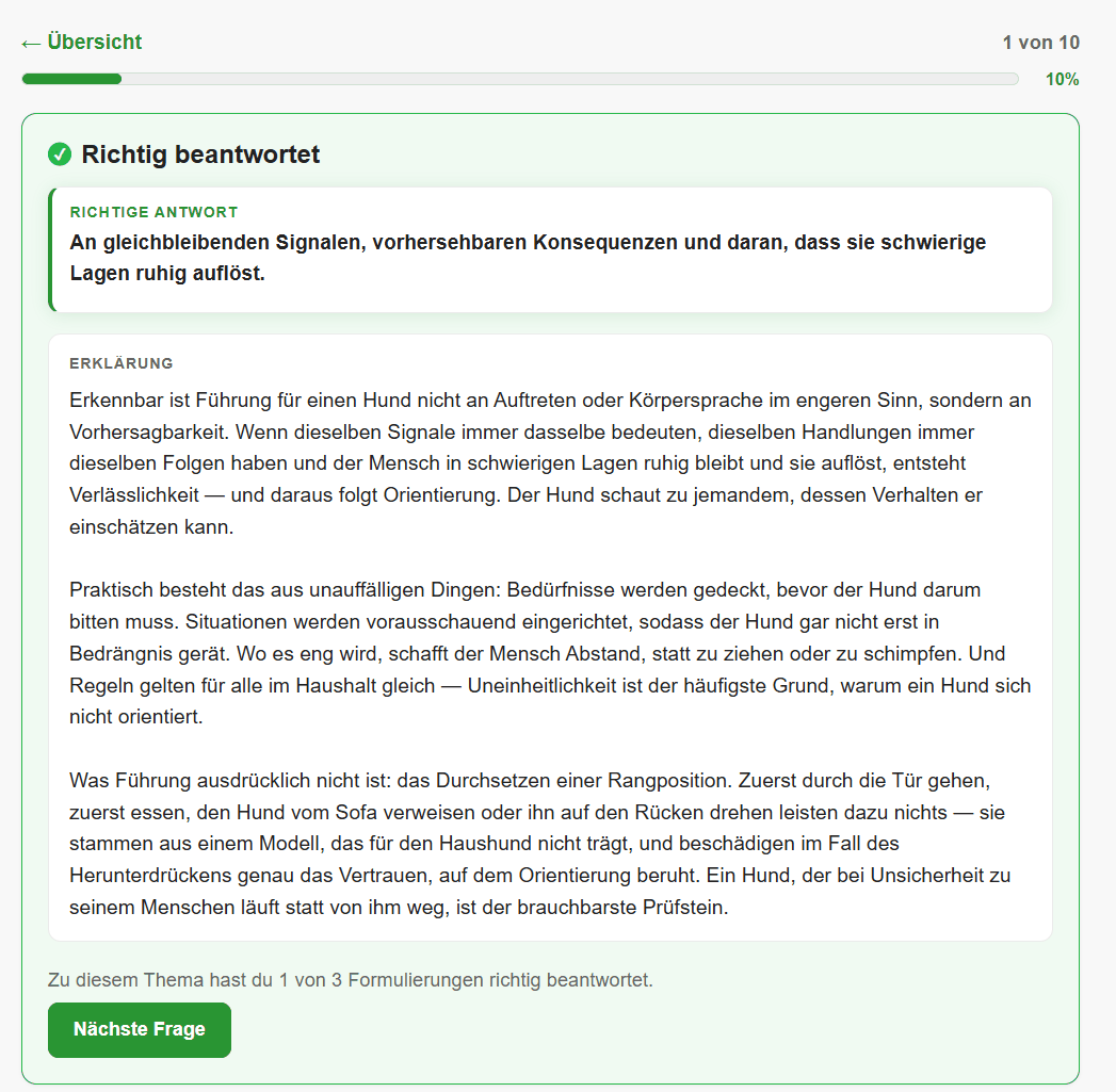 Rückmeldung im Single-Choice-Trainer mit ausführlicher Erklärung
