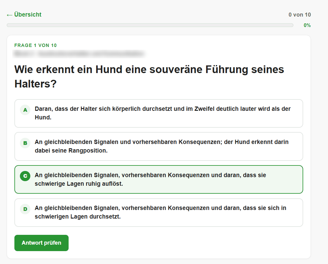 Frage im Single-Choice-Trainer mit vier Antwortmöglichkeiten