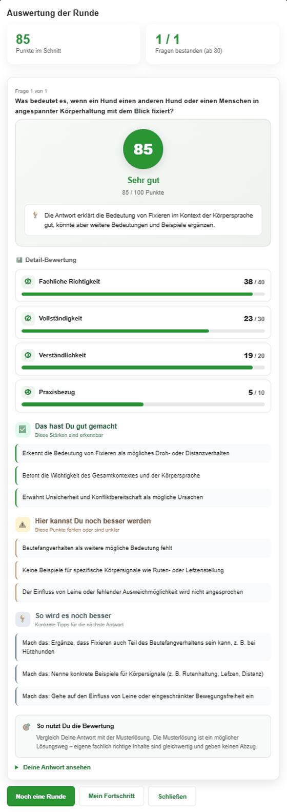Auswertung mit 85 von 100 Punkten