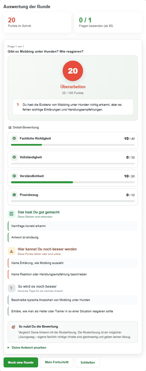 Auswertung mit 20 von 100 Punkten